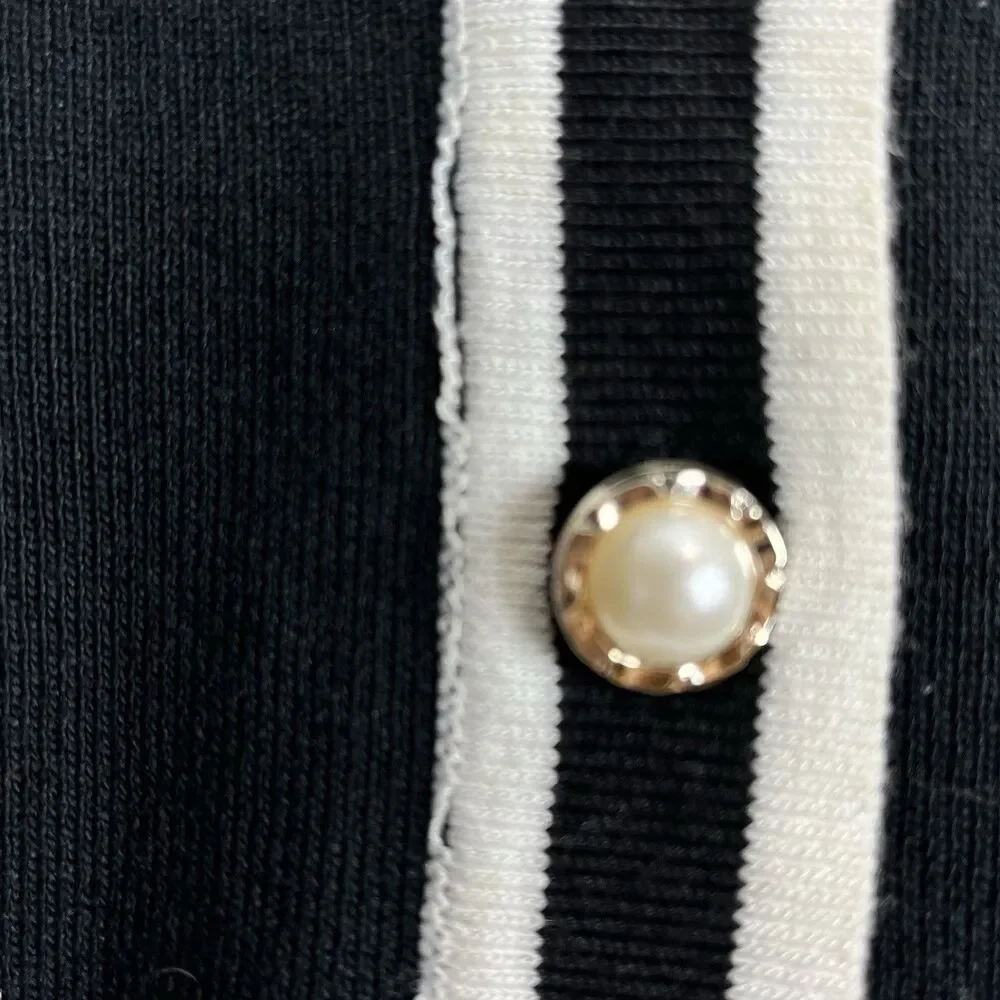 Women Black White Cardigan Pearl Buttons Contrast Trim Knit Elegant Classic